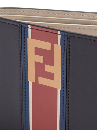 Fendi Billfold Leather Two Toned Black and Beige Wallet with Red Stripe and Forever Fendi Logo 7M0169