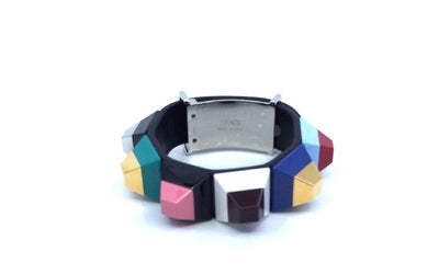 Fendi Black Leather Strap Rainbow Studded Bracelet Cuff Silver Hardware 8AG625