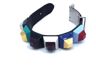 Fendi Black Leather Strap Rainbow Studded Bracelet Cuff Silver Hardware 8AG625