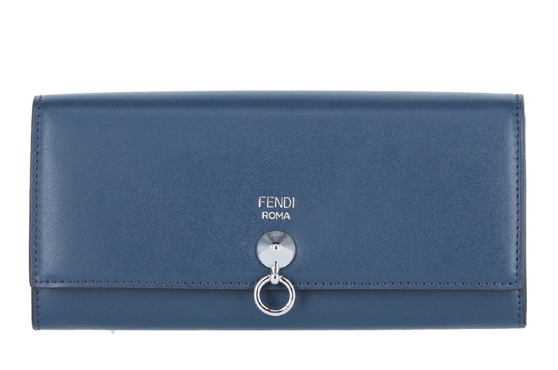 Fendi Dot Com By The Way Long Continental Flap Checkbook Blue Calf Leather Wallet 8M0251