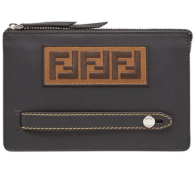 Fendi FF Zucca Logo Patch Pouch Clutch Calf Leather Black Palladium 7VA350