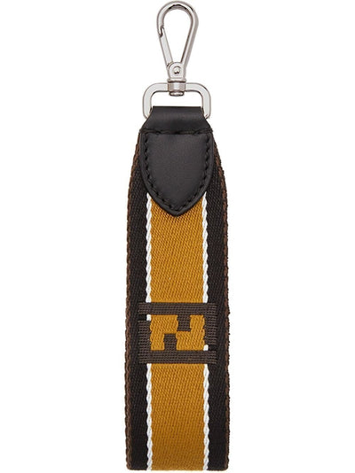 Fendi Lace Strap You Fabric Calf Leather Trim Key Fob Black Tobaco 7AR610