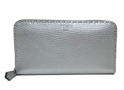 Fendi Metallic Silver Selleria Leather Full Zip Wallet Large 8M0299-5QG