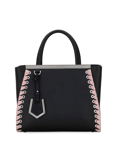 Fendi Shopping Bag 2 Jours Calf Leather Black Pink Lace Up Trim Satchel Tote 8BH253