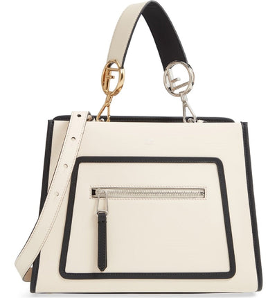 Fendi Shopping Bag Runaway Calf Camelia Cream Beige and Black Leather Shopping tote Handbag w Palladium Hardware 8BH344