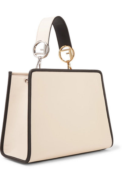 Fendi Shopping Bag Runaway Calf Camelia Cream Beige and Black Leather Shopping tote Handbag w Palladium Hardware 8BH344