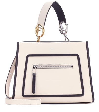 Fendi Shopping Bag Runaway Calf Camelia Cream Beige and Black Leather Shopping tote Handbag w Palladium Hardware 8BH344