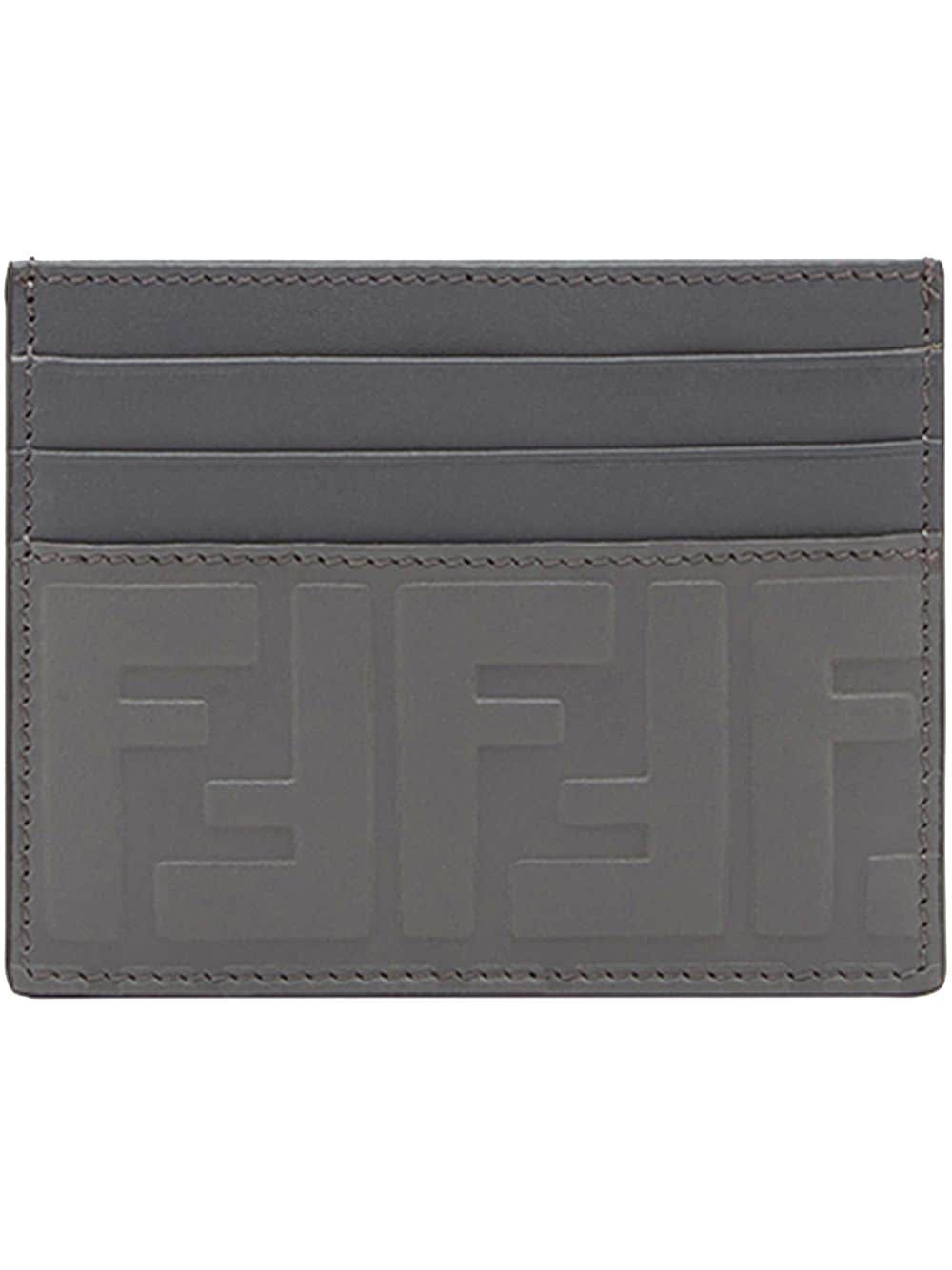 Fendi Signature Calf Leather Anthracite Gray Palladium Card Case w Embossed FF Logo 7M0164