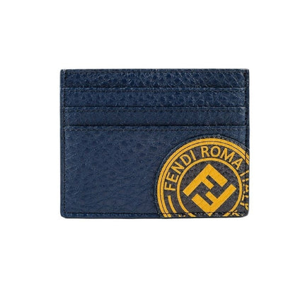 Fendi Signature Calf Leather Navy Card Case w yellow Fendi stamp and FF Logo 7M0164