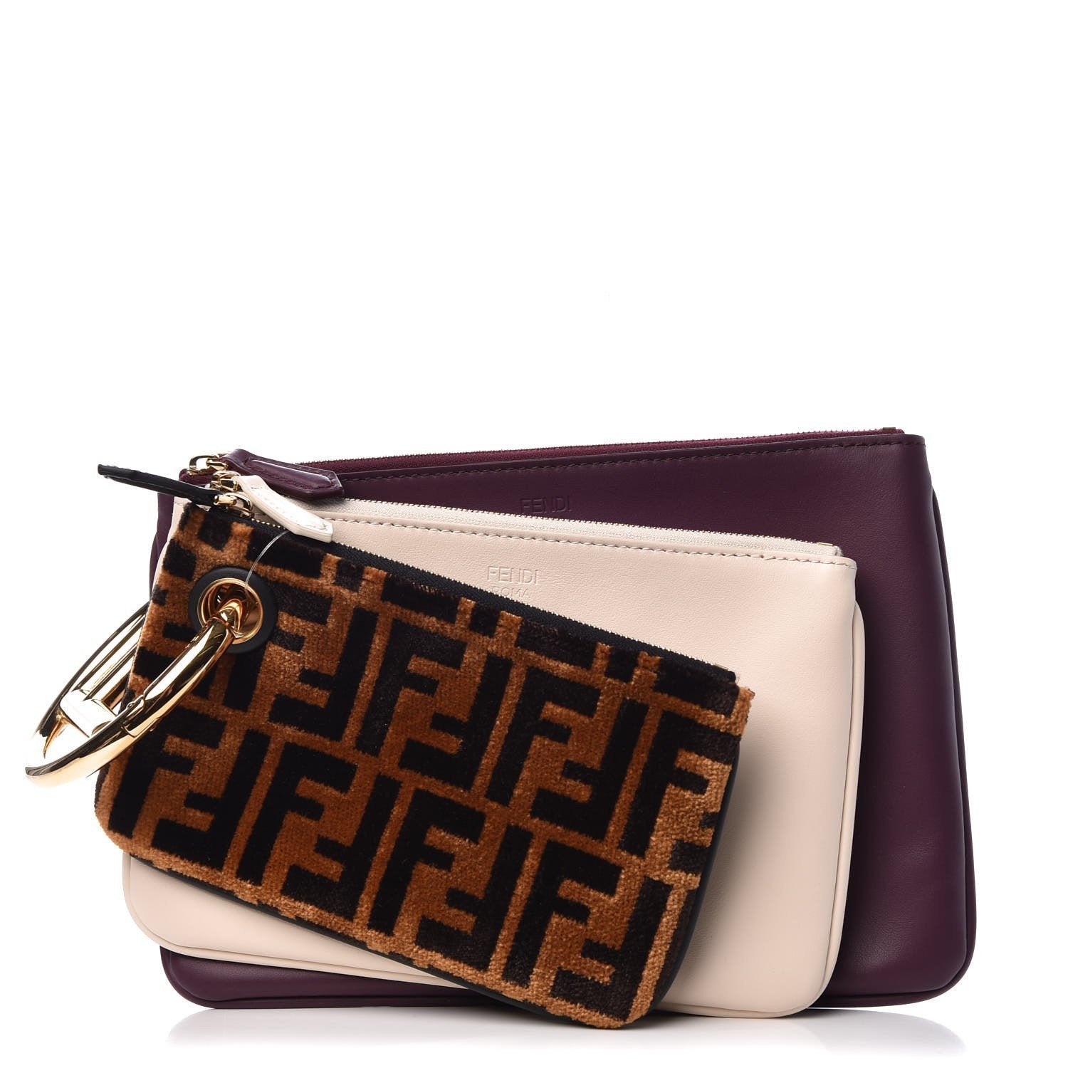 Fendi Triplette FF Zucca Calfskin Three Piece Clutch Bag Pouch Set Tobaco Camelia Beige Burgundy 8BS001