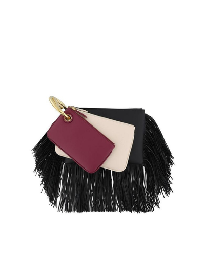 Fendi Women's Black Cherry Leather Fringe Triplette Multi Clutch Handbag 8BS001