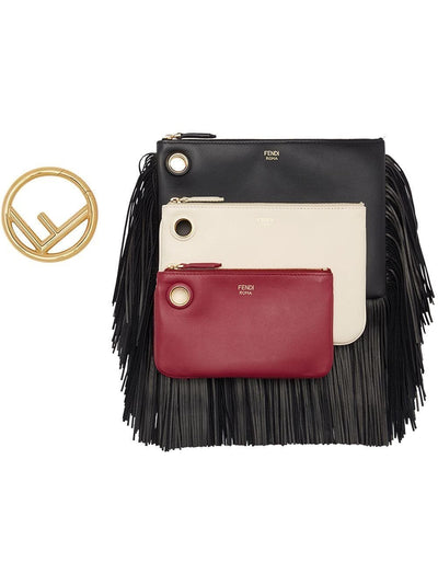 Fendi Women's Black Cherry Leather Fringe Triplette Multi Clutch Handbag 8BS001