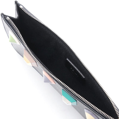 Fendi Women's Black Leather Rainbow Stud Pouch Clutch Wristlet Bag 8M0341