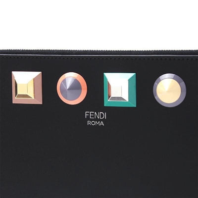 Fendi Women's Black Leather Rainbow Stud Pouch Clutch Wristlet Bag 8M0341