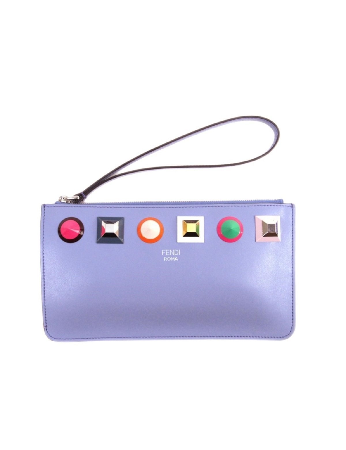 Fendi Women's Blue Leather Rainbow Stud Pouch Clutch Wristlet Bag 8M0341