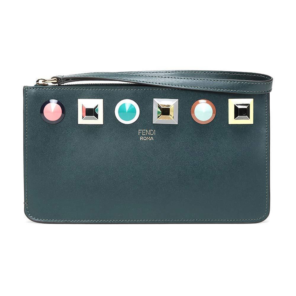 Fendi Women's Dark Green Leather Rainbow Stud Pouch Clutch Wristlet Bag 8M0341