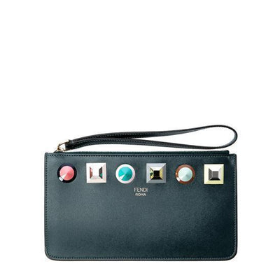 Fendi Women's Dark Green Leather Rainbow Stud Pouch Clutch Wristlet Bag 8M0341