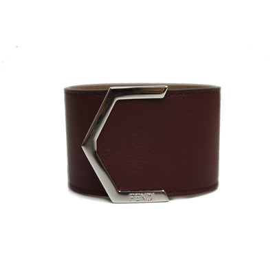 Fendi Women's Leather Red Burgundy Palladium Cuff Bracelet Gold Hardware 240015