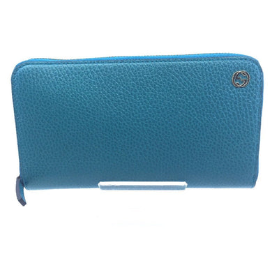 Gucci Cobalt Blue Teal Pebbled Leather Zip Around Wallet GG Charm Logo 449347