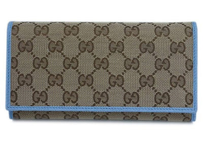 Gucci GG Canvas Beige Mineral Blue Calf Leather Continental Flap Wallet 346058