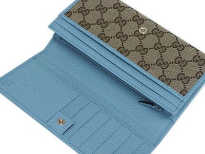 Gucci GG Canvas Beige Mineral Blue Calf Leather Continental Flap Wallet 346058