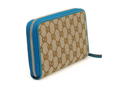 Gucci GG original Beige Logo Canvas Leather Cobalt Blue Wallet 363423