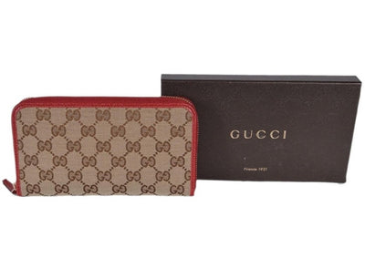 Gucci GG Original Beige Logo Canvas Leather Zip Around Red Rosso Wallet 363423