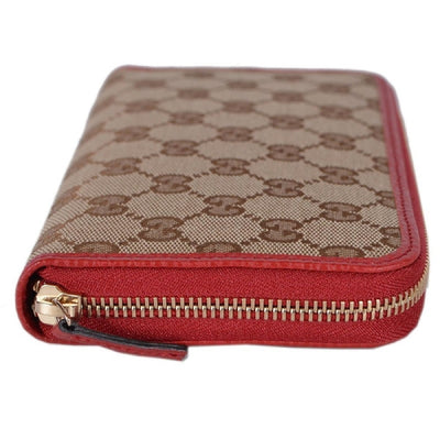 Gucci GG Original Beige Logo Canvas Leather Zip Around Red Rosso Wallet 363423