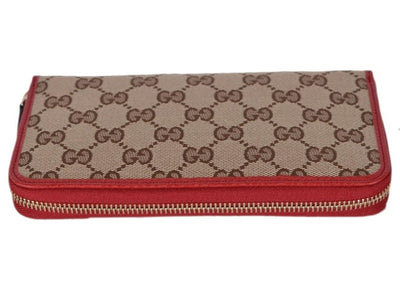 Gucci GG Original Beige Logo Canvas Leather Zip Around Red Rosso Wallet 363423