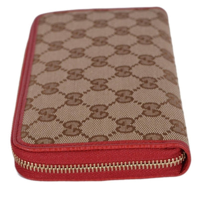 Gucci GG Original Beige Logo Canvas Leather Zip Around Red Rosso Wallet 363423