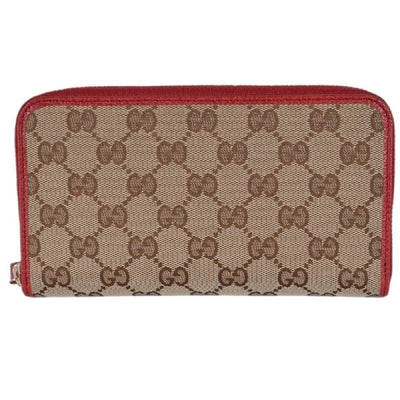 Gucci GG Original Beige Logo Canvas Leather Zip Around Red Rosso Wallet 363423