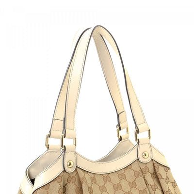 Gucci Handbag Original GG Canvas Beige Ebony White Leather Trim Tote 388919