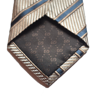 Gucci Men's Classic Tie White Camel Blue Striped Luxury Necktie 408862