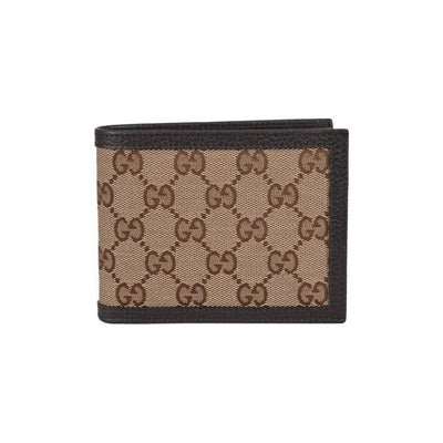 Gucci Men's Original GG Logo Beige Brown Canvas Leather Trim Trifold Wallet 217044