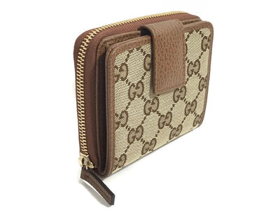 Gucci Women's Beige Original GG Canvas Brown Leather Trim French Flap Wallet 346056