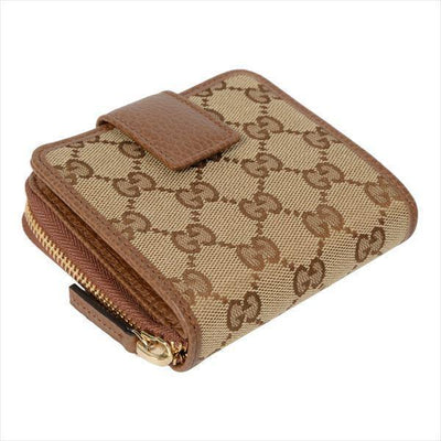 Gucci Women's Beige Original GG Canvas Brown Leather Trim French Flap Wallet 346056