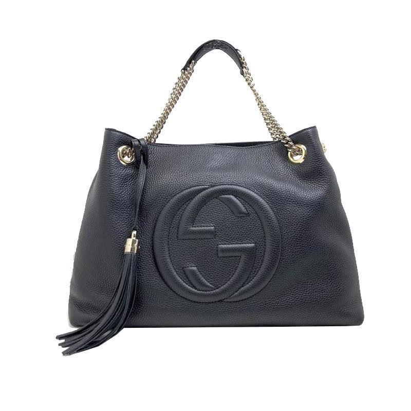 Gucci Women's Black Cellarius GG Logo Leather Soho Satchel Chain Handbag 308982