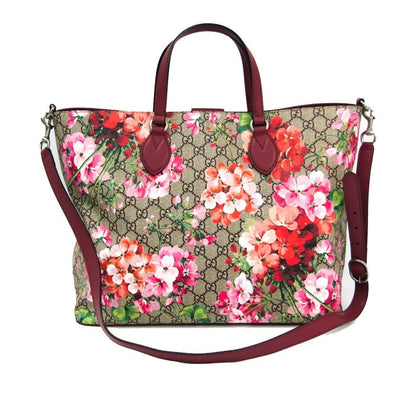 Gucci Women's GG Supreme Canvas Logo Blooms Pink Burgundy Shopping Tote 453705