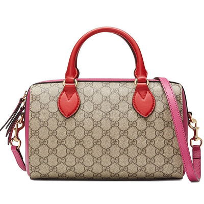 Gucci Women's GG Supreme Small Boston Pink and Red Leather Handbag 409529