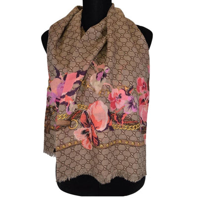 Gucci Women's Large Wool Pink Pansy Blooms GG Scarf Shawl wrap 508797