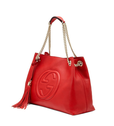 Gucci Women's Red Leather SOHO Chain Embossed GG Logo Handbag 308982