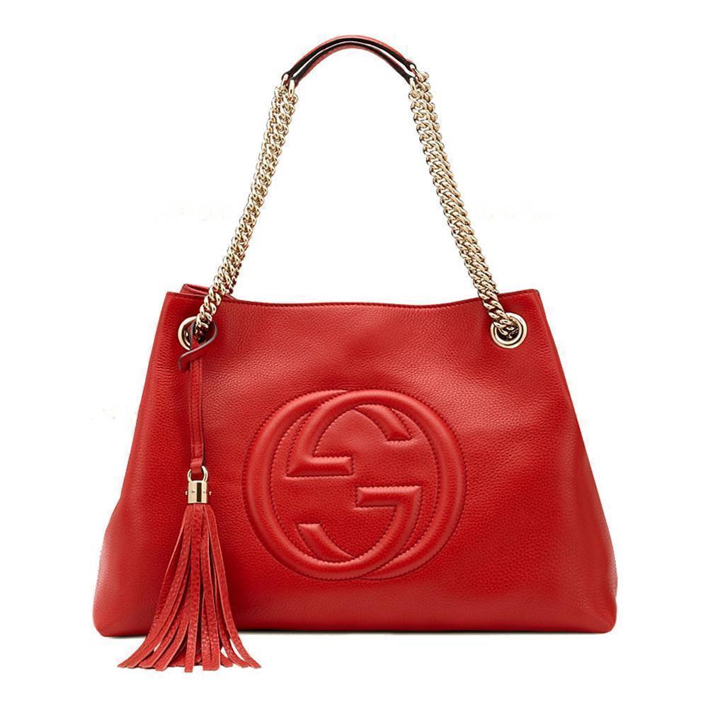 Gucci Women's Red Leather SOHO Chain Embossed GG Logo Handbag 308982