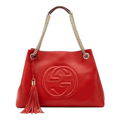 Gucci Women's Red Leather SOHO Chain Embossed GG Logo Handbag 308982