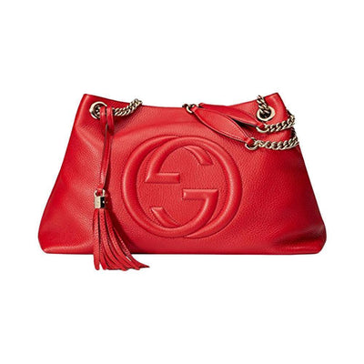 Gucci Women's Red Leather SOHO Chain Embossed GG Logo Handbag 308982