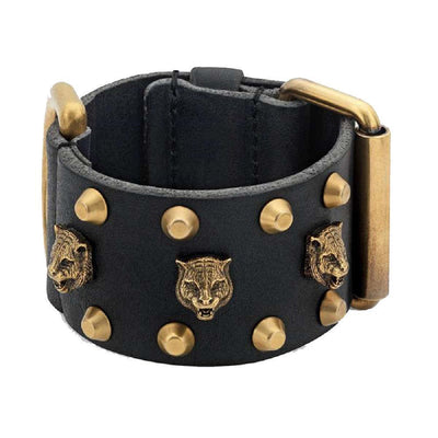 Gucci Womens Black Gold Buckle Pelle Toscano Tiger Leather Cuff Bracelet 477034