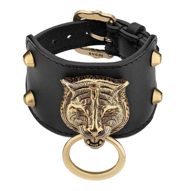 Gucci Womens Black Gold Feline Head Pelle Toscano Leather Cuff Bracelet 504036