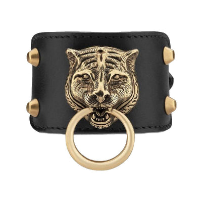 Gucci Womens Black Gold Feline Head Pelle Toscano Leather Cuff Bracelet 504036