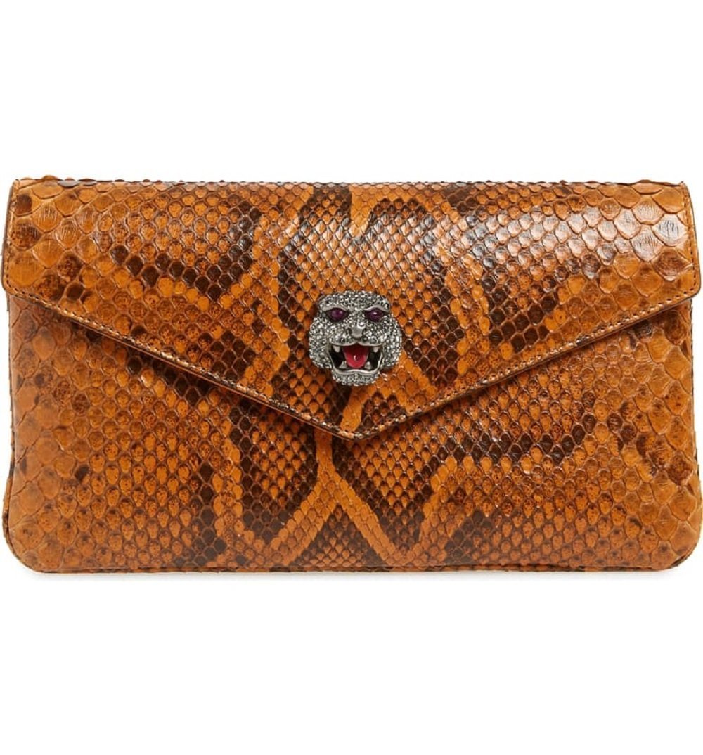 Gucci Womens Broadway Genuine Envelope Cognac Python Skin Leather Clutch 525008