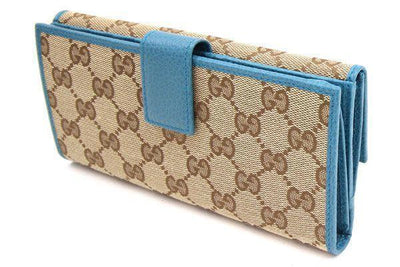 Gucci Womens Canvas GG Logo Wallet With Deep Cobalt Leather Trim 231841