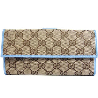 Gucci Womens Canvas GG Logo Wallet With Mineral Blue Leather Trim 231841